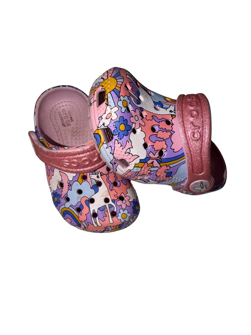 CROCS Kids Pink Unicorn & Floral Clogs with Glitter Strap